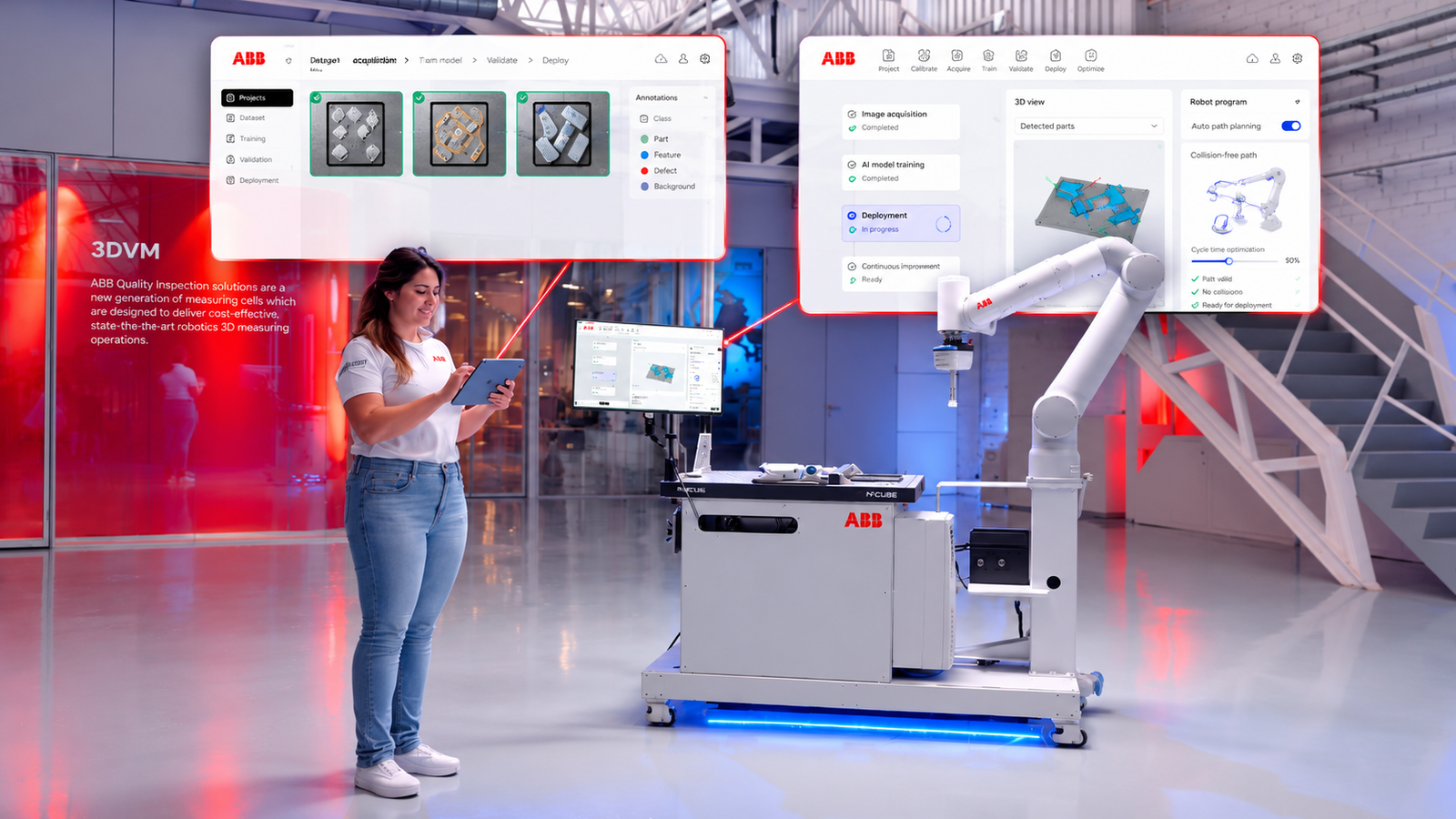 ABB AI Robot Trainer and OmniCore EyeMotion demonstrating AI-powered robotic vision and automated path planning.