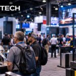 FABTECH 2026 exhibition show floor featuring the FABTECH logo, visitors, industrial automation equipment and a robotic welding demonstration.