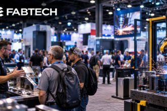 FABTECH 2026 exhibition show floor featuring the FABTECH logo, visitors, industrial automation equipment and a robotic welding demonstration.