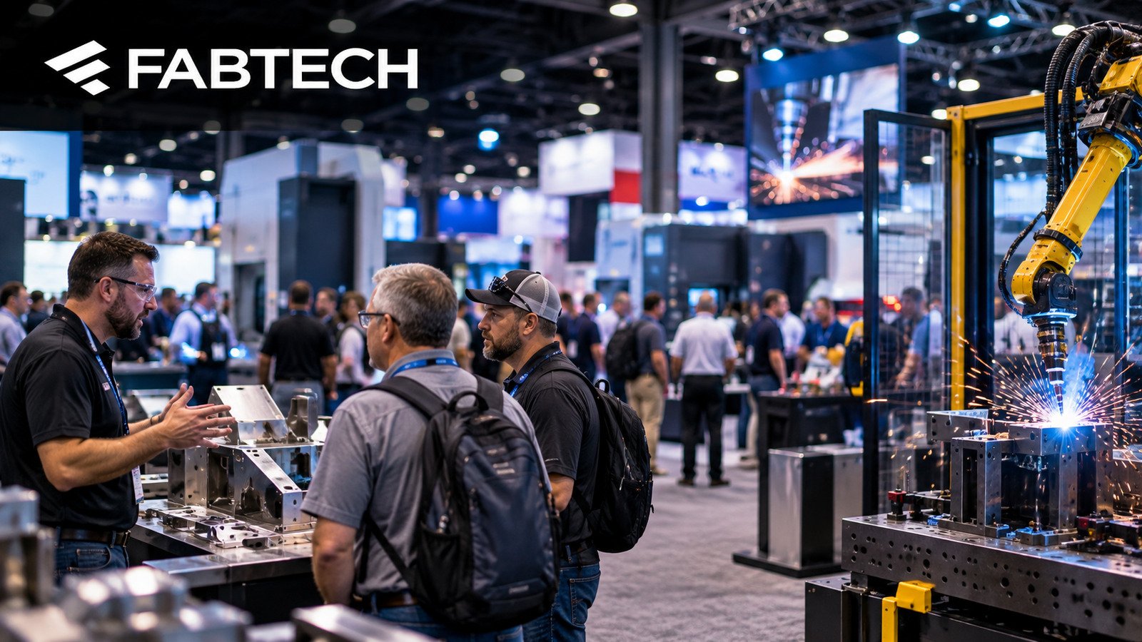 FABTECH 2026 exhibition show floor featuring the FABTECH logo, visitors, industrial automation equipment and a robotic welding demonstration.