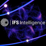 IFS Intelligence industrial AI platform logo with blue and purple digital network graphics representing AI agents and connected manufacturing operations.
