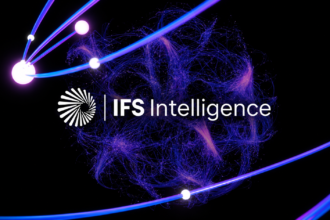 IFS Intelligence industrial AI platform logo with blue and purple digital network graphics representing AI agents and connected manufacturing operations.