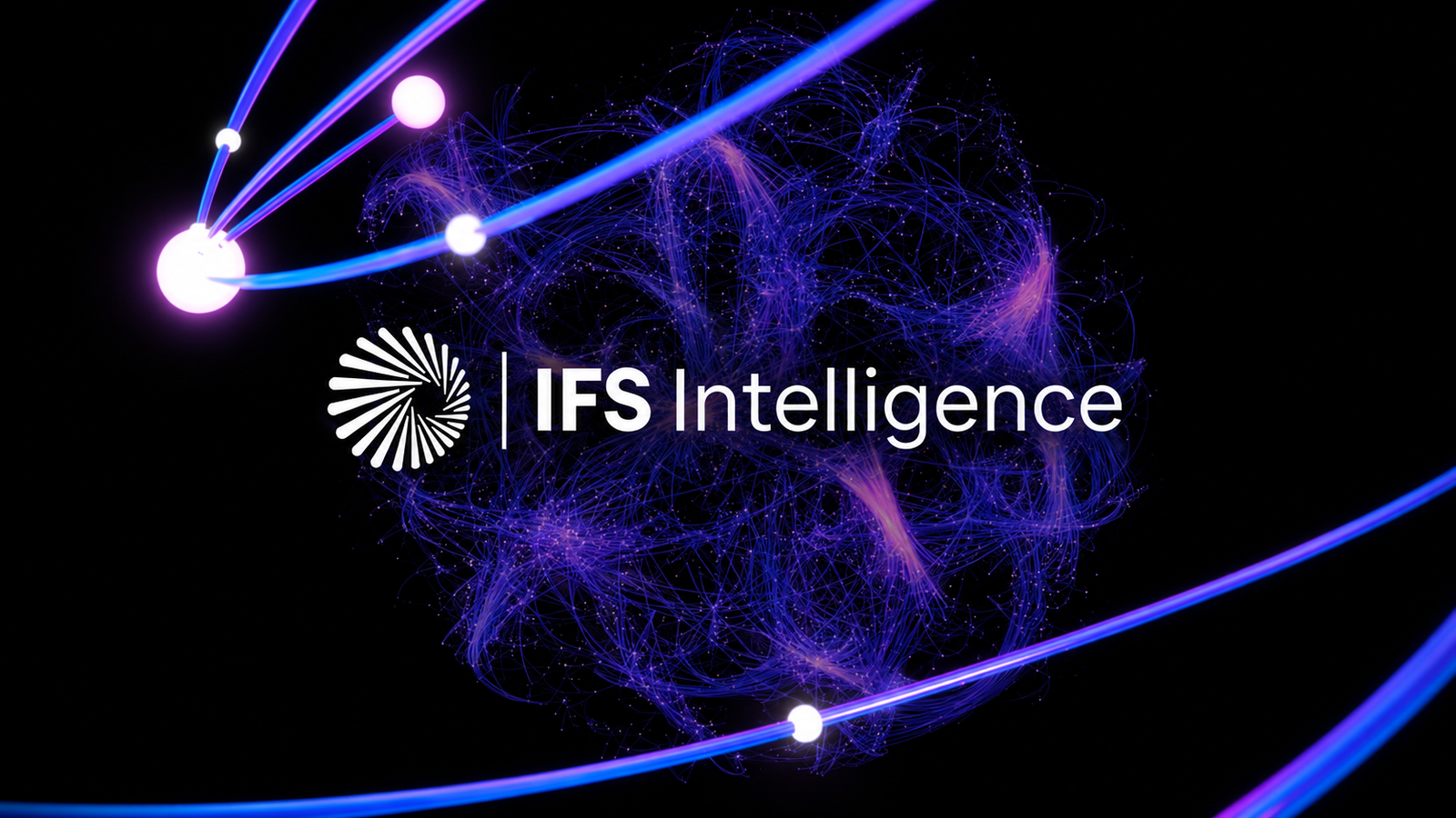 IFS Intelligence industrial AI platform logo with blue and purple digital network graphics representing AI agents and connected manufacturing operations.